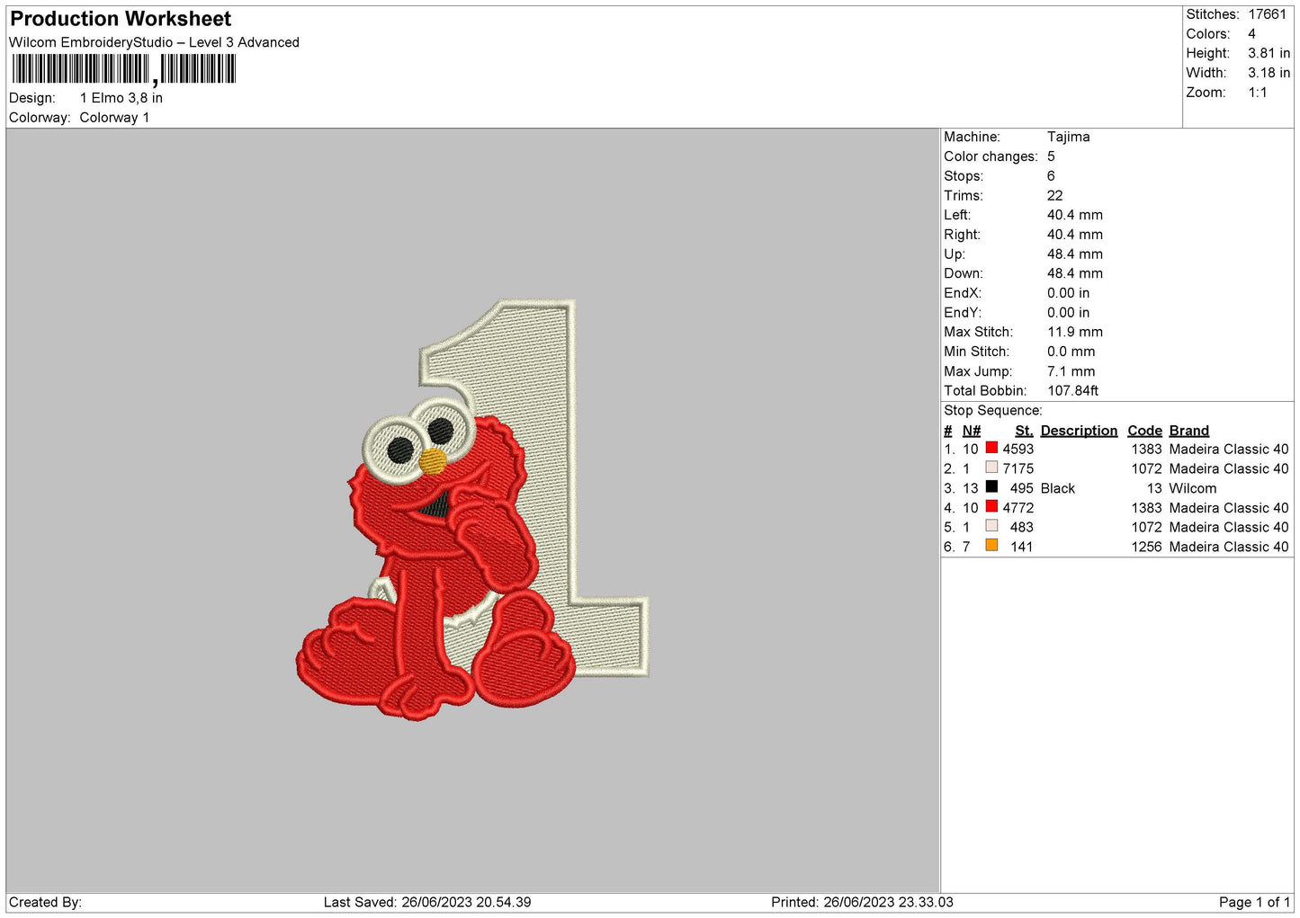 1 Elmo Embroidery File 6 sizes