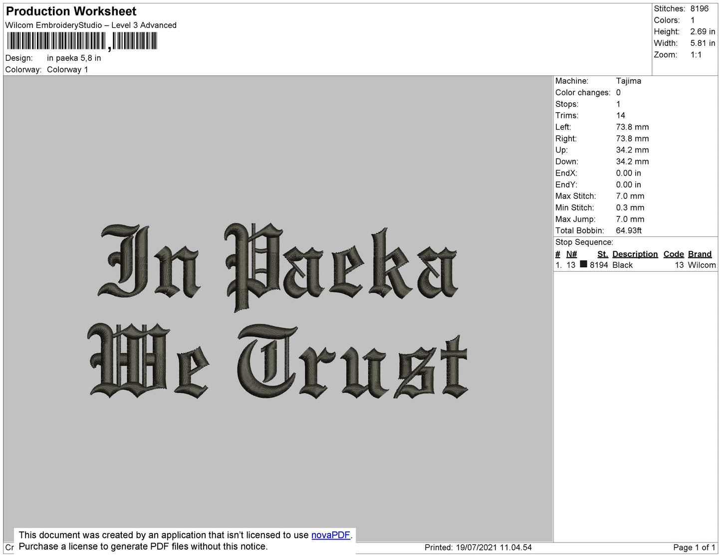 In Paeka Text Embroidery File 4 size