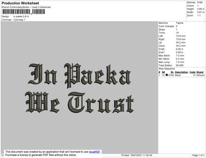 In Paeka Text Embroidery File 4 size