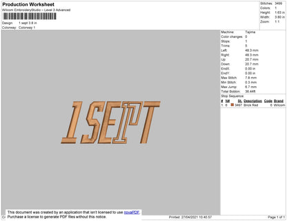 one Sept Text Embroidery File 2 size