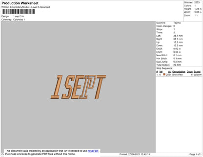 one Sept Text Embroidery File 2 size