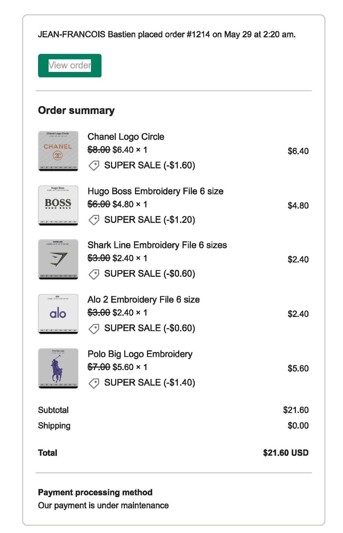 JEAN-FRANCOIS Bastien placed order #1214