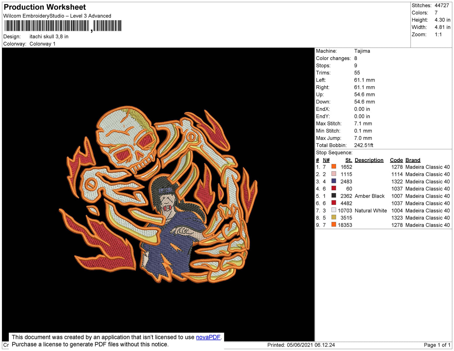Itachi Skull Embroidery File 4 size