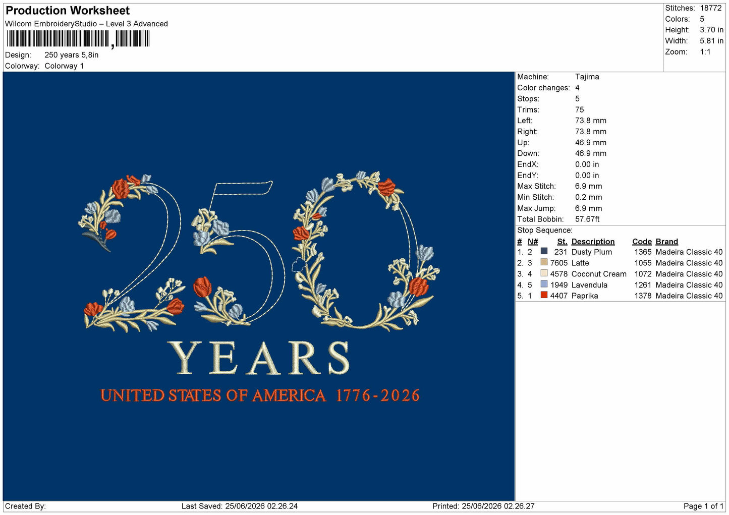 250years Embroidery Machine Design File 6 sizes