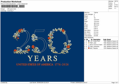 250years Embroidery Machine Design File 6 sizes