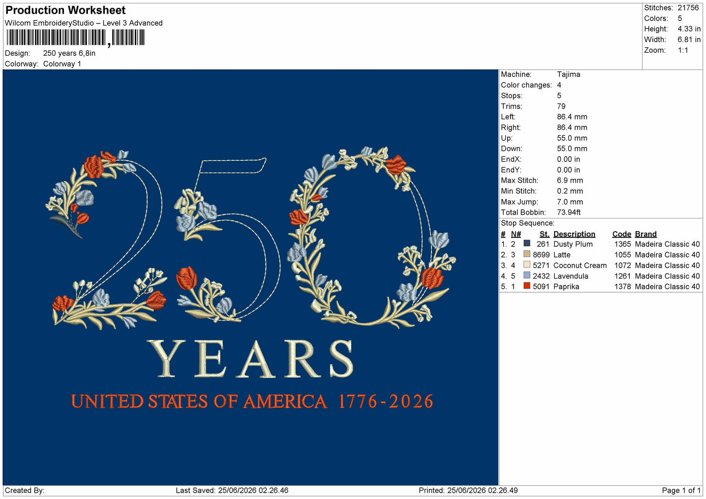 250years Embroidery Machine Design File 6 sizes