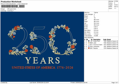 250years Embroidery Machine Design File 6 sizes