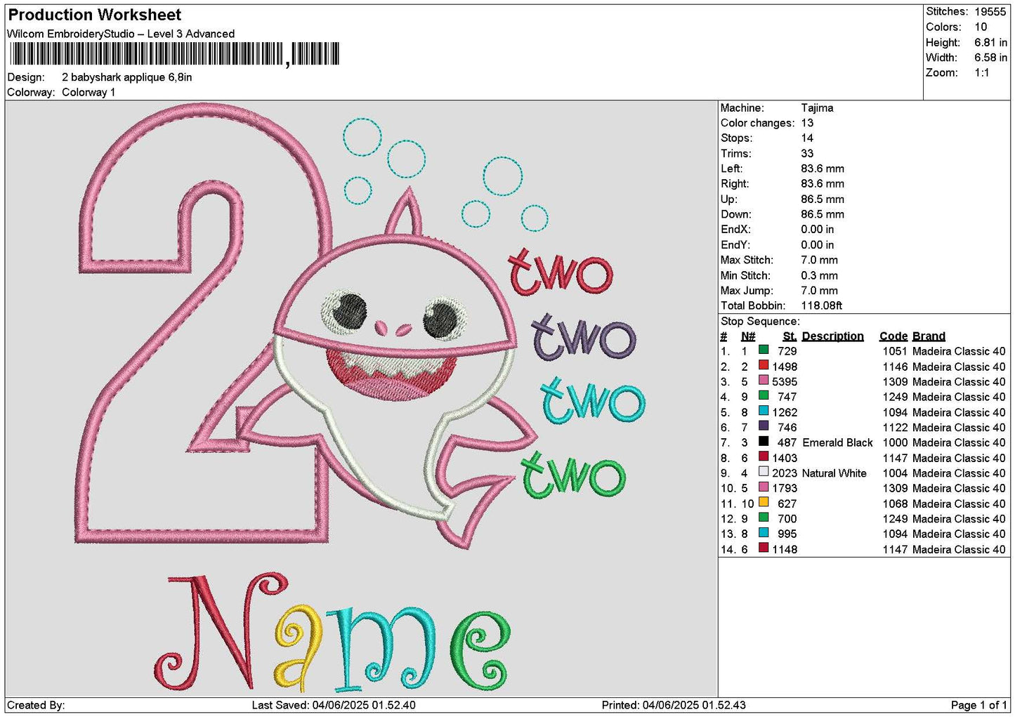 2 Babyshark App Embroidery File 6 sizes
