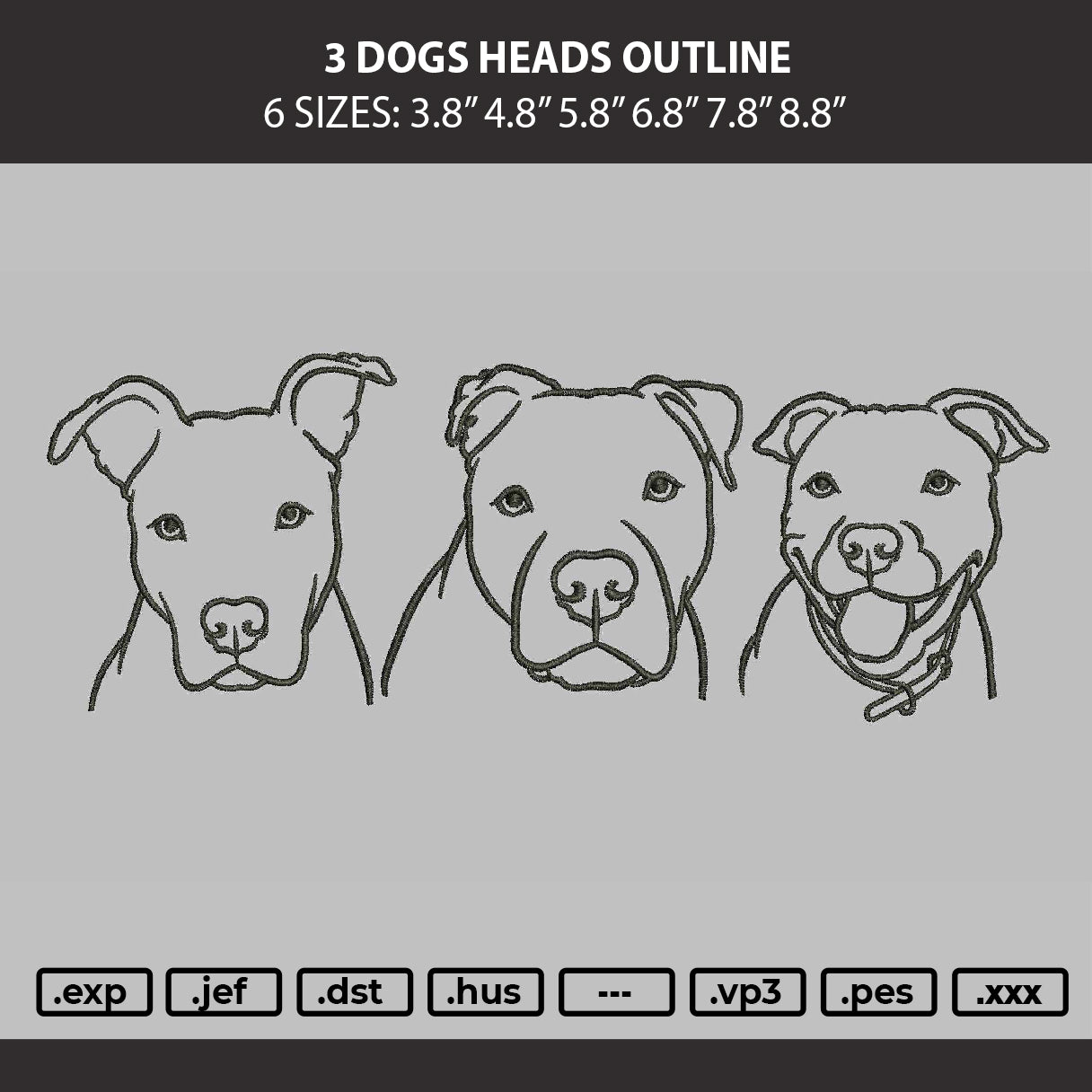 3 Dogs Heads Outline Embroidery Machine Design File 6 sizes