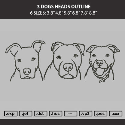 3 Dogs Heads Outline Embroidery Machine Design File 6 sizes