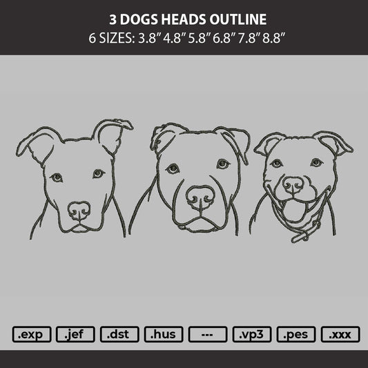 3 Dogs Heads Outline Embroidery Machine Design File 6 sizes