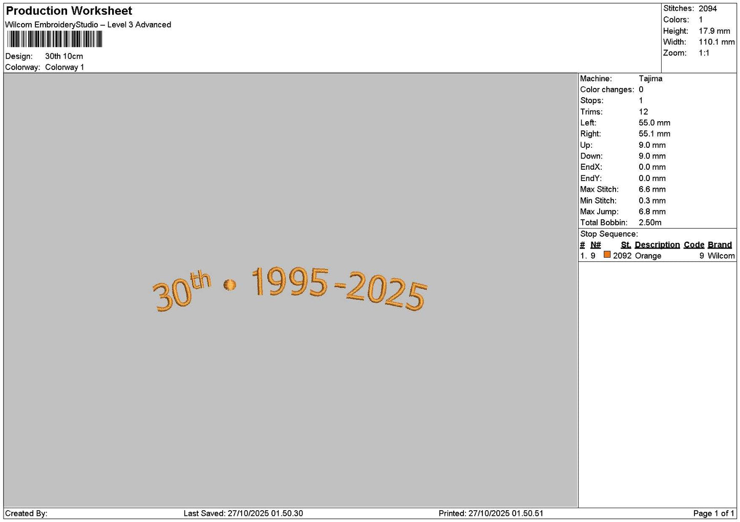 30th Embroidery File 3 sizes