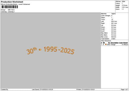 30th Embroidery File 3 sizes