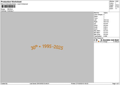 30th Embroidery File 3 sizes