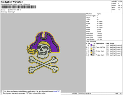East Carolina Embroidery File 4 size
