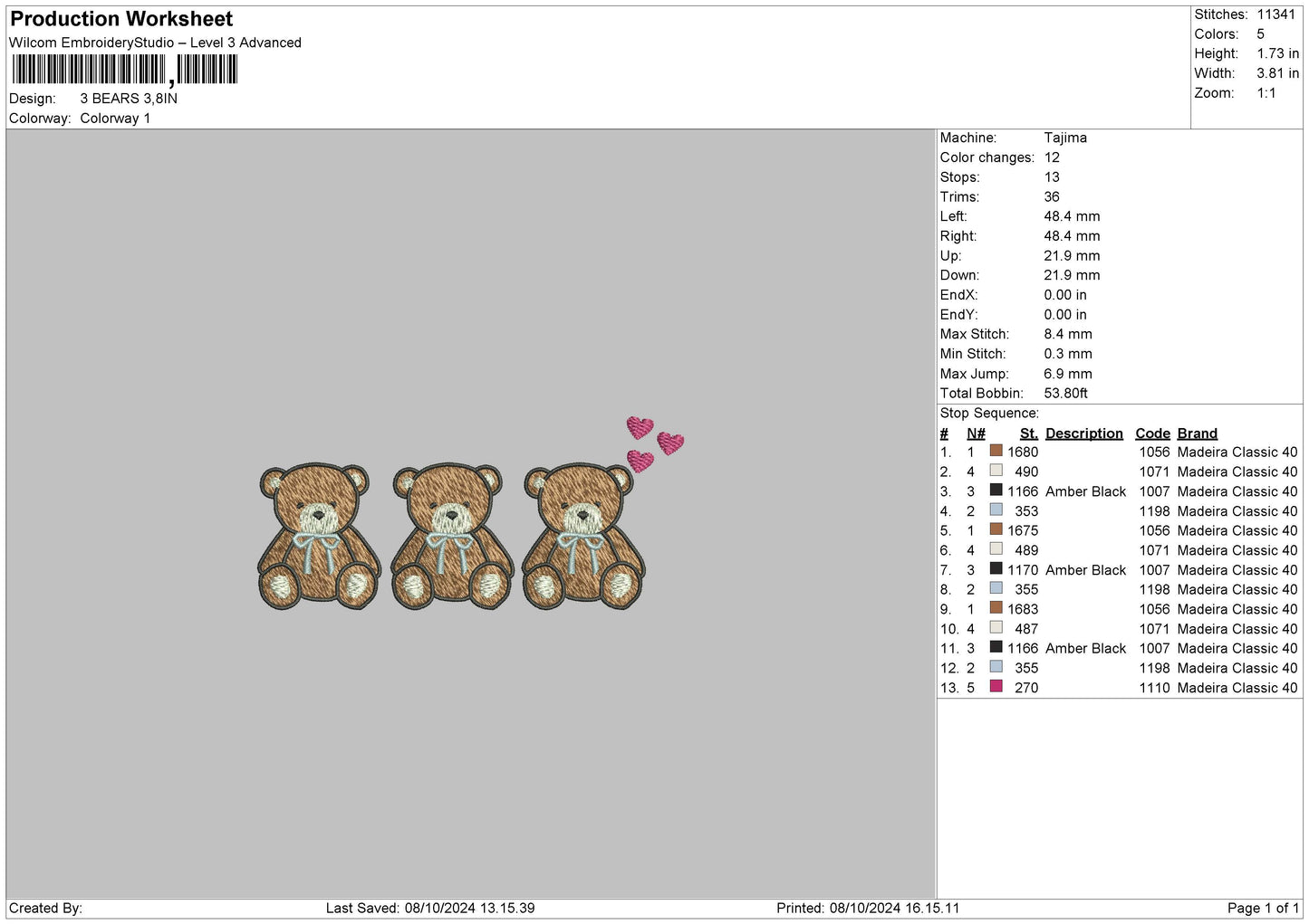 3 Bears Embroidery File 6 sizes