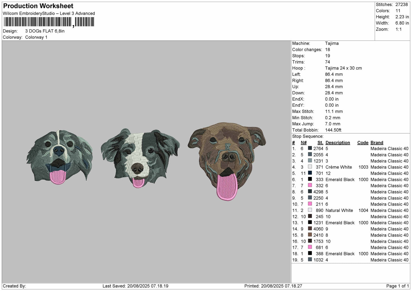 3 DOGS FLAT Embroidery File