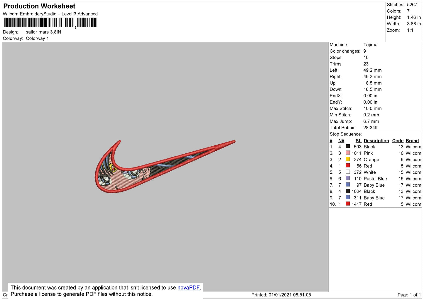 Swoosh Sailor Mars Emroidery File 4 Size