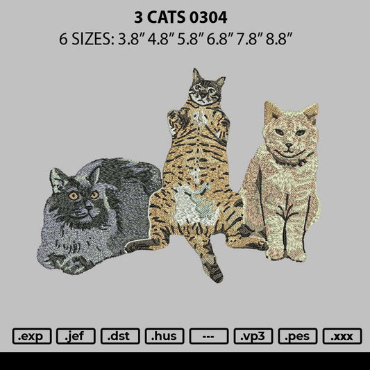 3 Cats 0304 Embroidery File 6 sizes