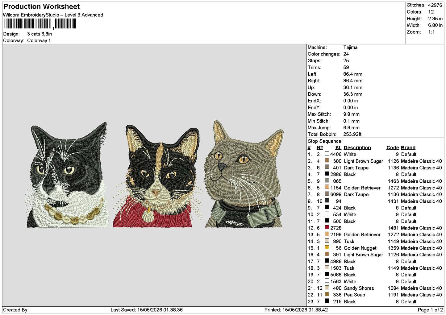 3 Cats 1505 Embroidery File 6 sizes