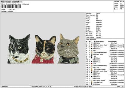 3 Cats 1505 Embroidery File 6 sizes