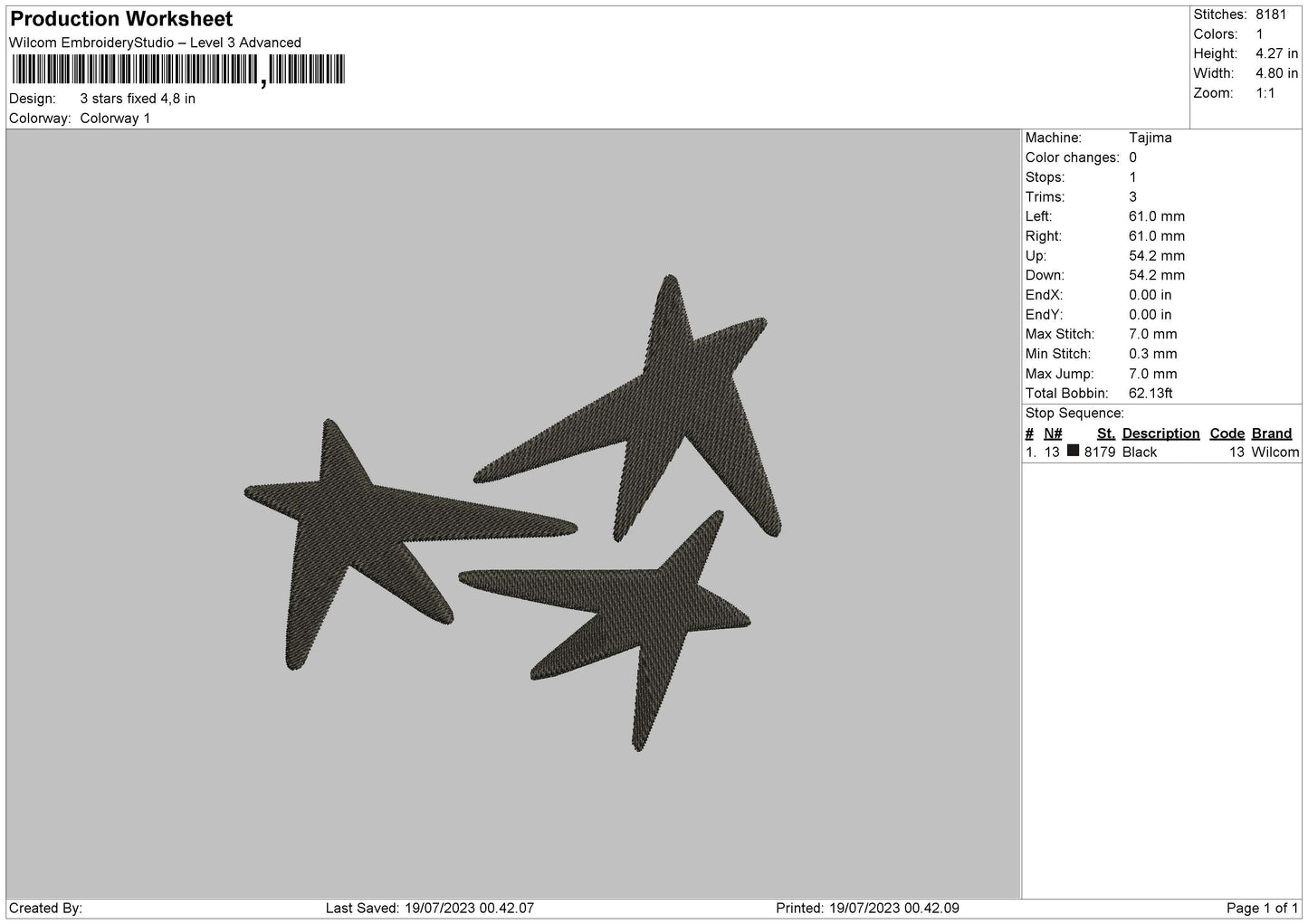 3 Stars Emboidery File 6 sizes
