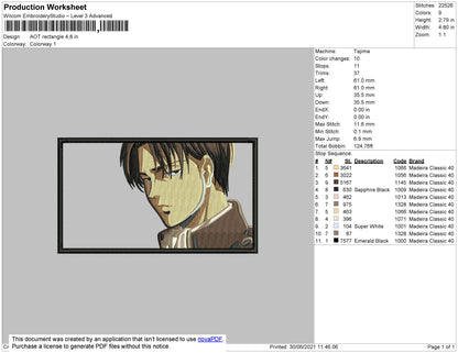 Aot Levi Rectangle Embroidery File 4 size