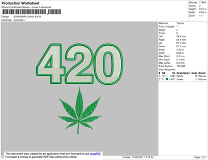 420 Marijuana Embroidery File 4 size