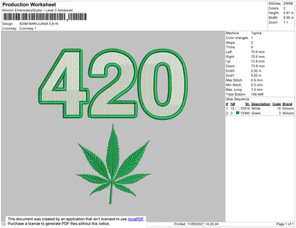 420 Marijuana Embroidery File 4 size