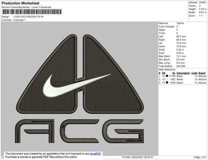 ACG swoosh Nike  Embroidery File 6 Size