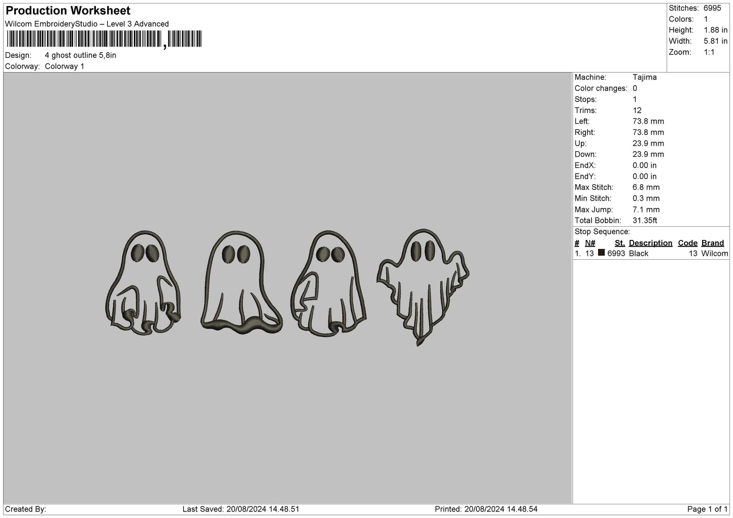 4 Ghosts Embroidery File 6 sizes