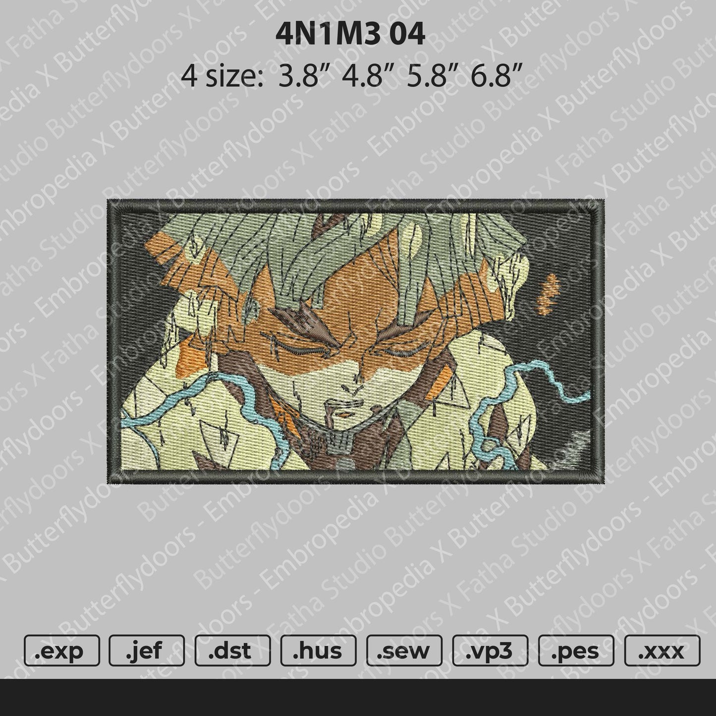 Digital embroidery file depicting an anime character, with size and format options displayed at the bottom.