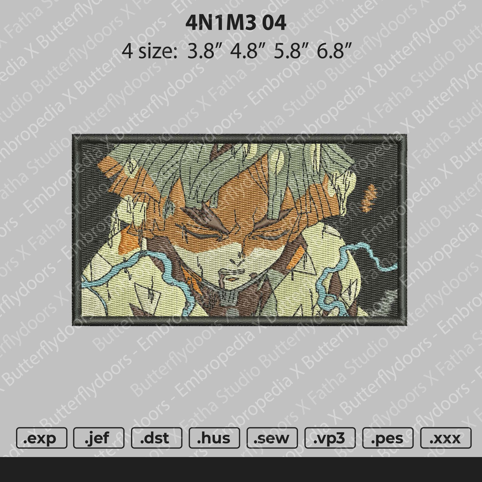 Digital embroidery file depicting an anime character, with size and format options displayed at the bottom.
