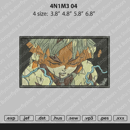 Digital embroidery file depicting an anime character, with size and format options displayed at the bottom.