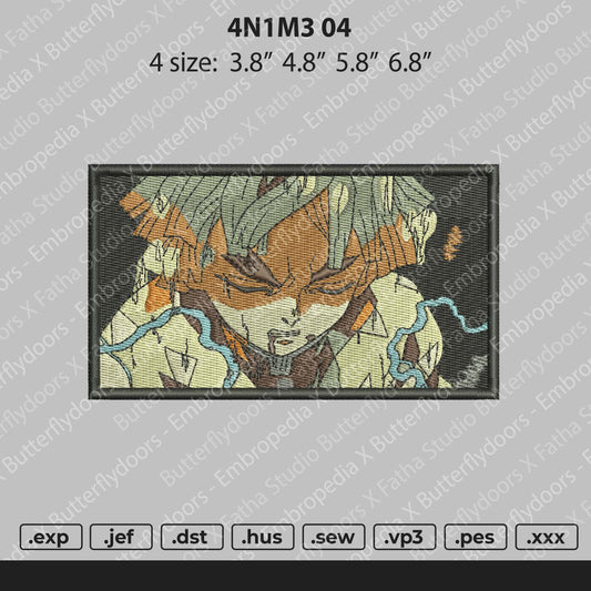 Digital embroidery file depicting an anime character, with size and format options displayed at the bottom.