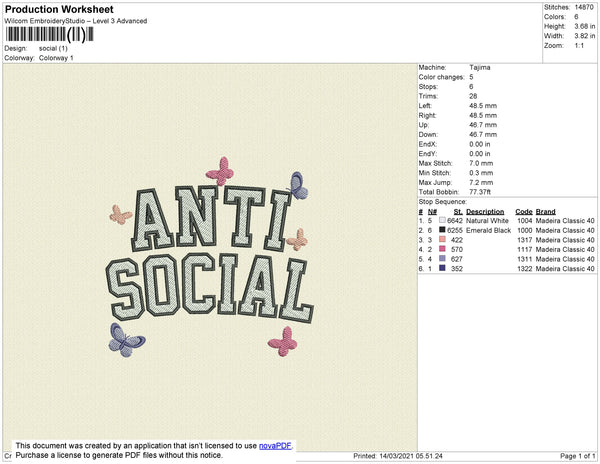 Anti Social Embroidery File 4 size