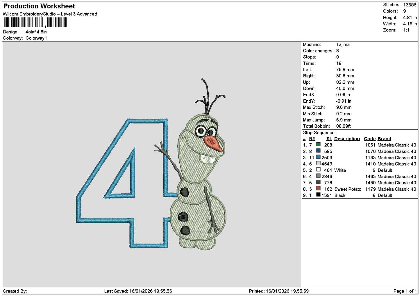 Olaf 4 Embroidery File 6 sizes