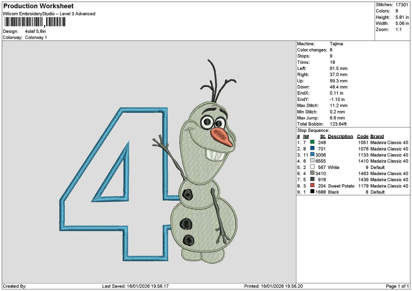 Olaf 4 Embroidery File 6 sizes