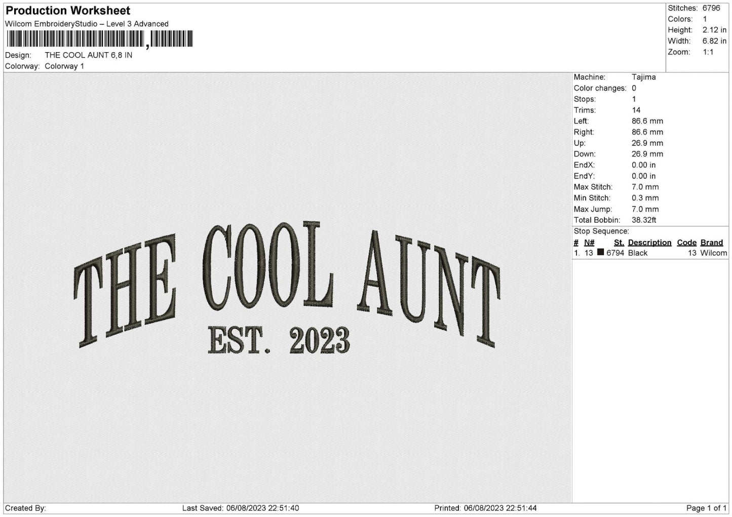 Cool Aunt Embroidery File 6 sizes
