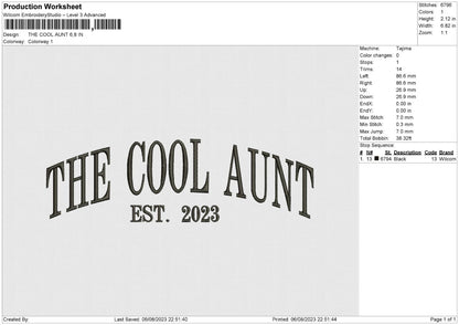 Cool Aunt Embroidery File 6 sizes