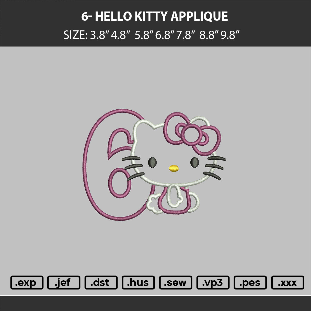 6- Hello Kitty Aplique Embroidery Machine Design File