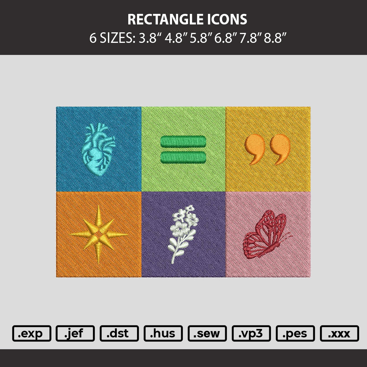 Rectangle Icons Embroidery Machine Design File 6 sizes