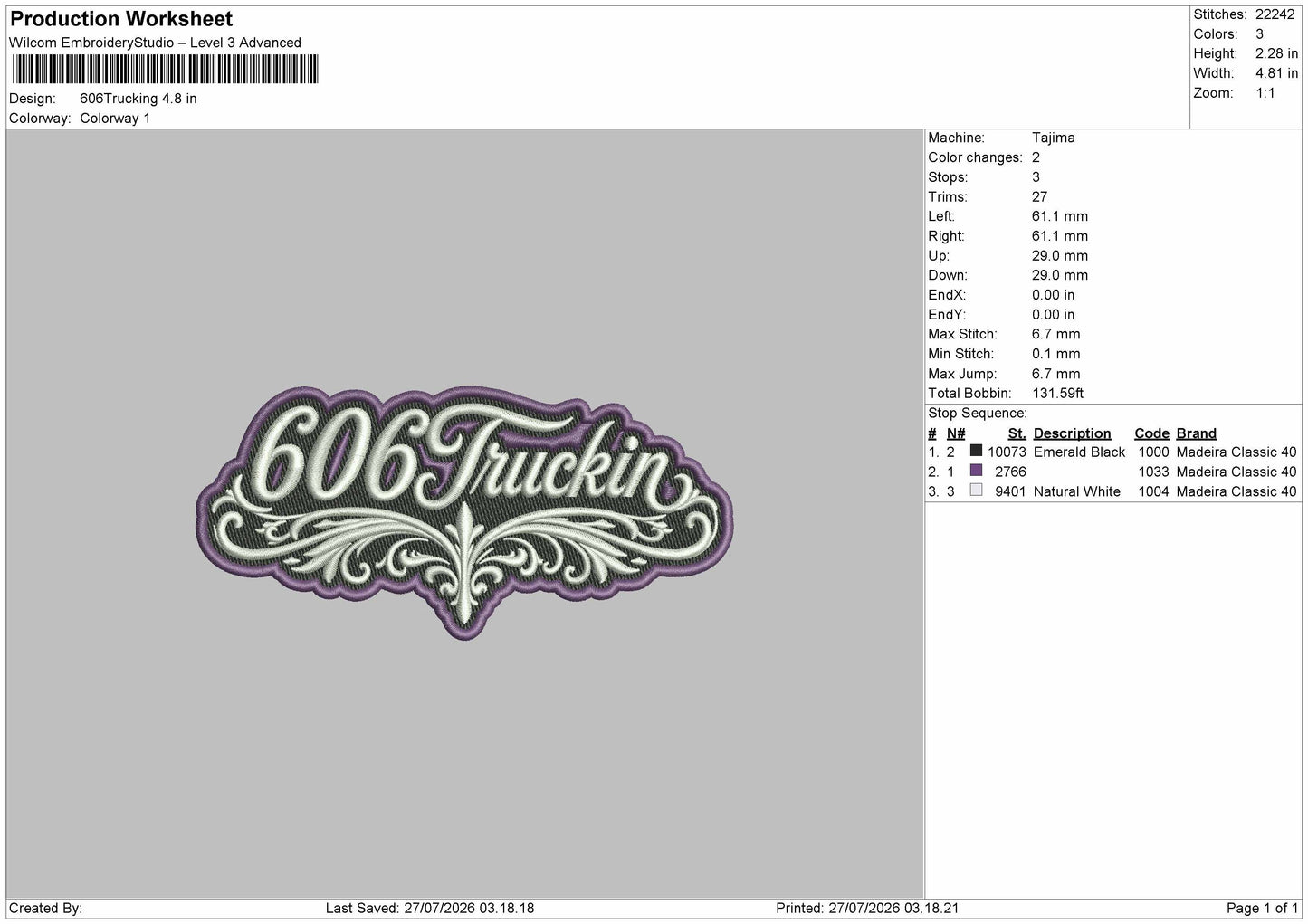 Truckin Text 2707 Embroidery Machine Design File 6 sizes