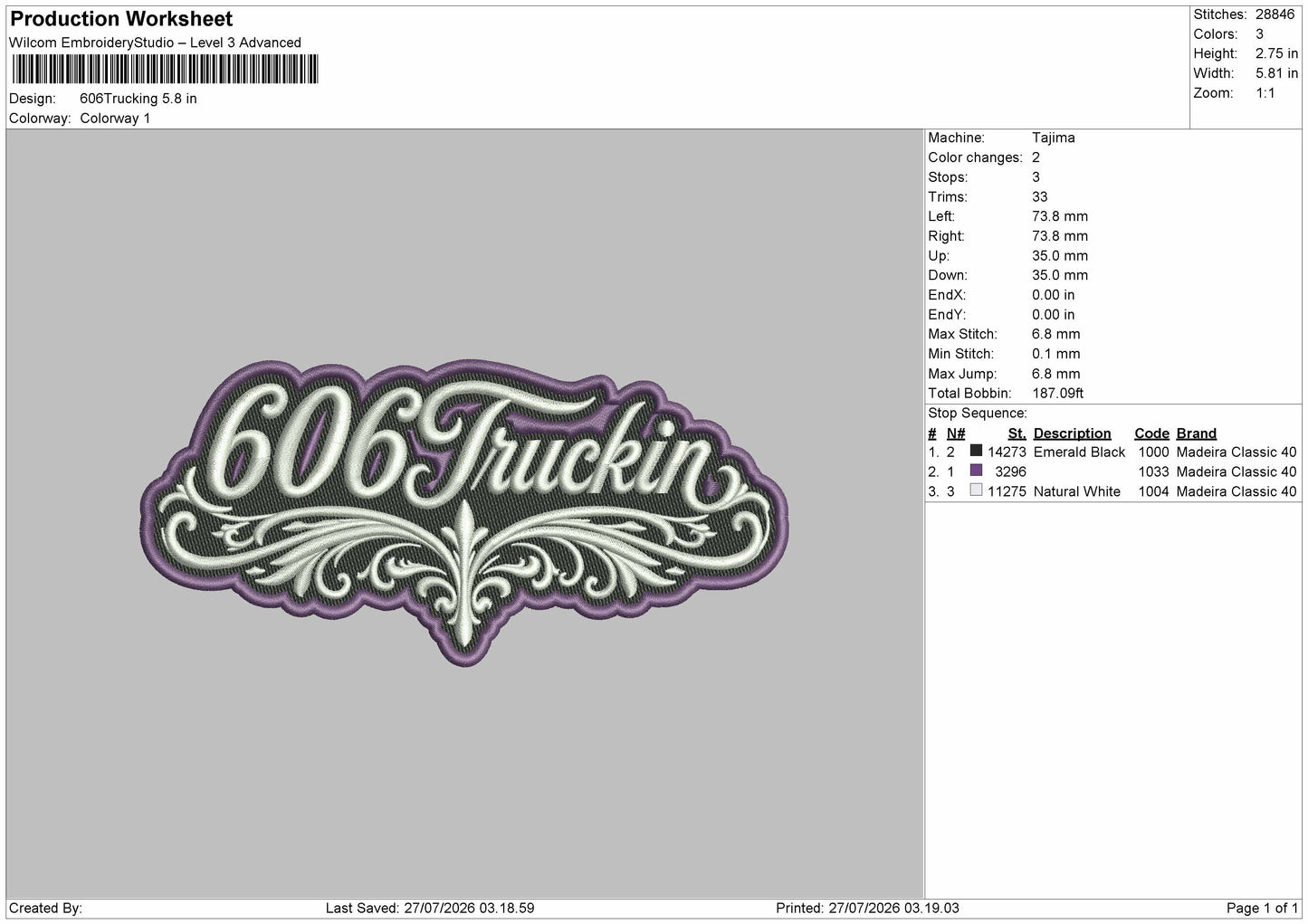 Truckin Text 2707 Embroidery Machine Design File 6 sizes