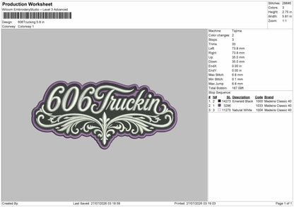 Truckin Text 2707 Embroidery Machine Design File 6 sizes