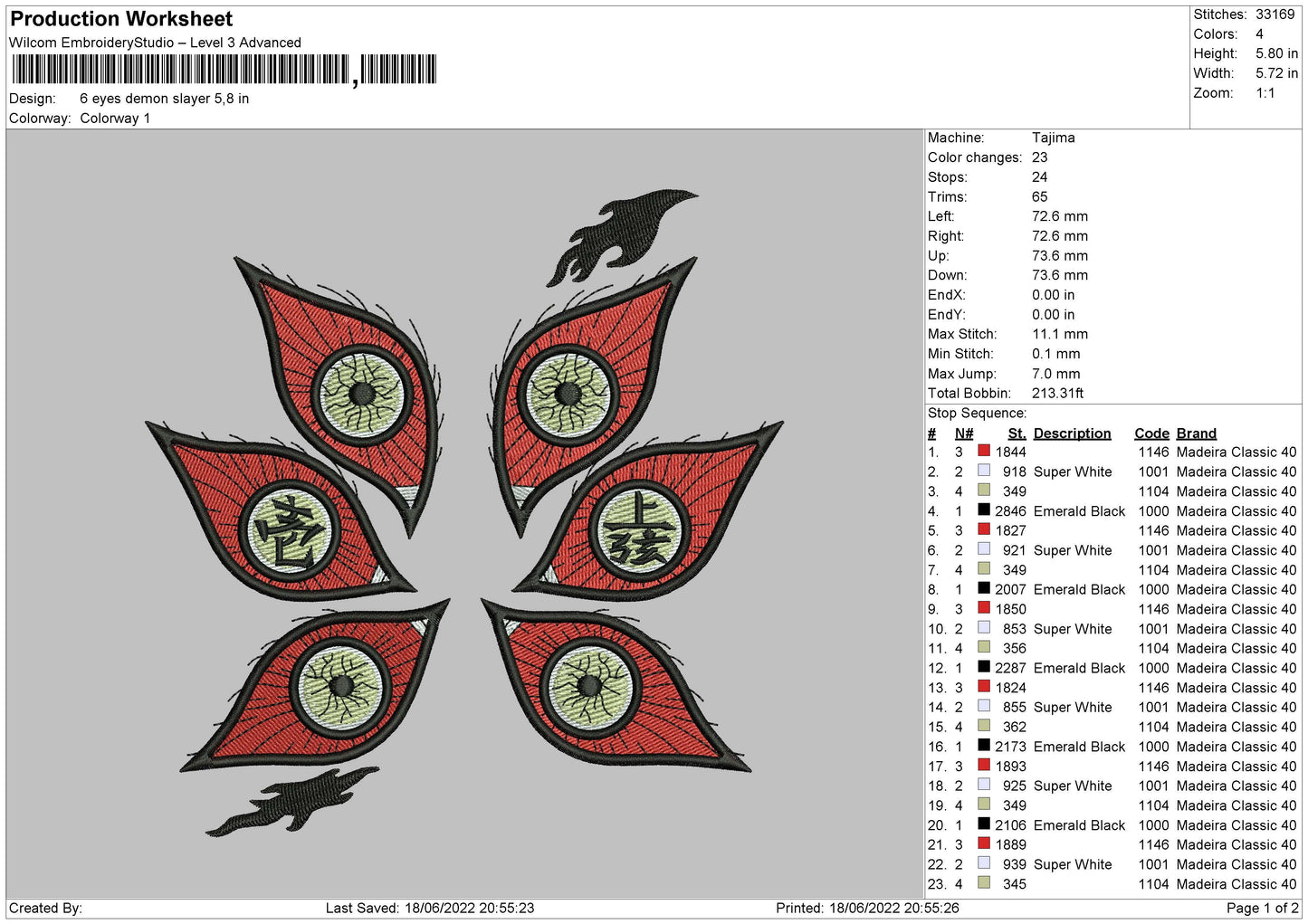 6 Eyes Demon Slayer Embroidery File 4 size