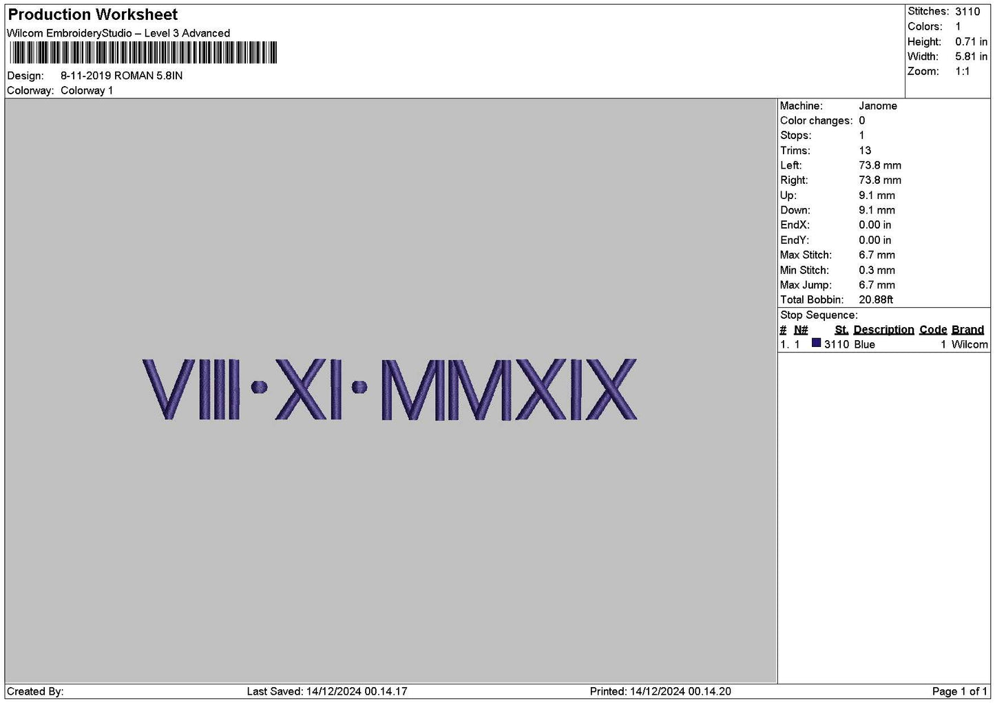 Roman Numerals 1412 Embroidery File 6 sizes