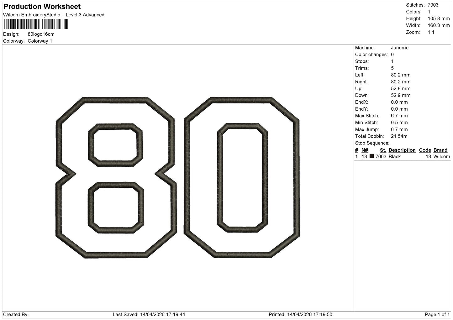 80logo Embroidery File 6 sizes