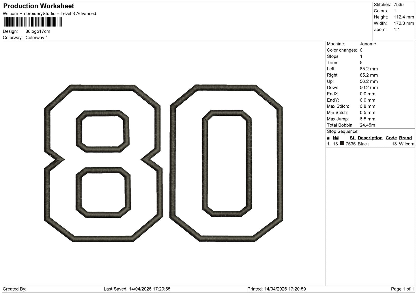 80logo Embroidery File 6 sizes