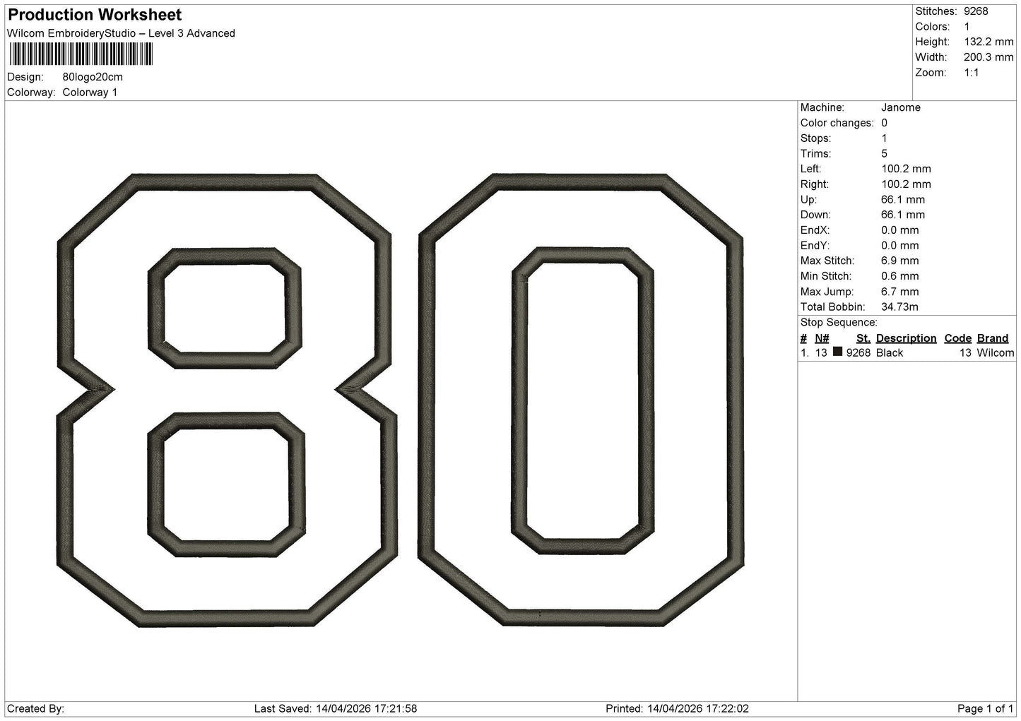 80logo Embroidery File 6 sizes
